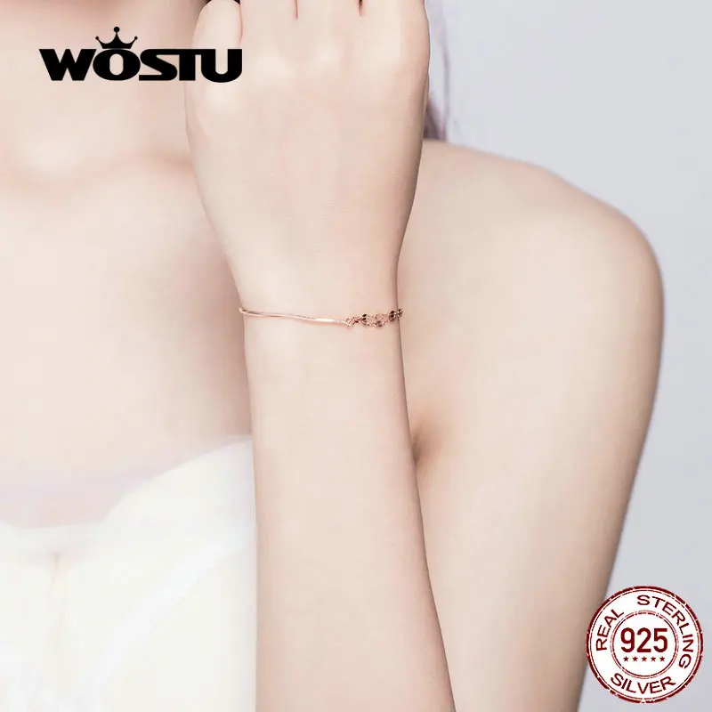 WOSTU, розовое золото, простые браслеты, 925 пробы, серебряный браслет, оригинальные браслеты для женщин, минималистичные Свадебные ювелирные изделия CQB149
