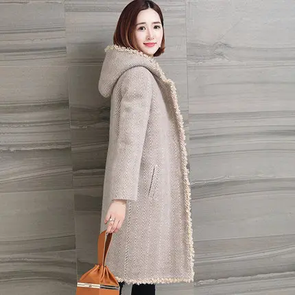Beige Стрижки овец Шерстяное пальто Для женщин с натуральным мехом на капюшоне, пальто Длинная Куртка C мехом натуральный мех ягненка меховой подстежкой размера плюс парка 6XL - Цвет: Beige