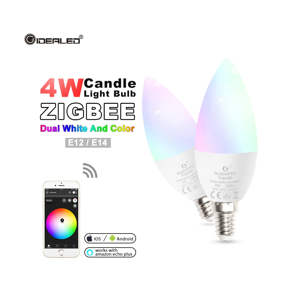 Zigbee hub led 4W candle light bulb rgb/rgbw/rgbww/cw smart APP control AC100-240V E12/E14 wotk with amazon echo plus