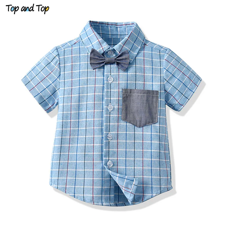 Top and Fashion Kids Boy Clothes Set Short Sleeve Plaid Shirt Tops with Bow Tie+Straps Pant Boys Casual | Детская одежда и обувь