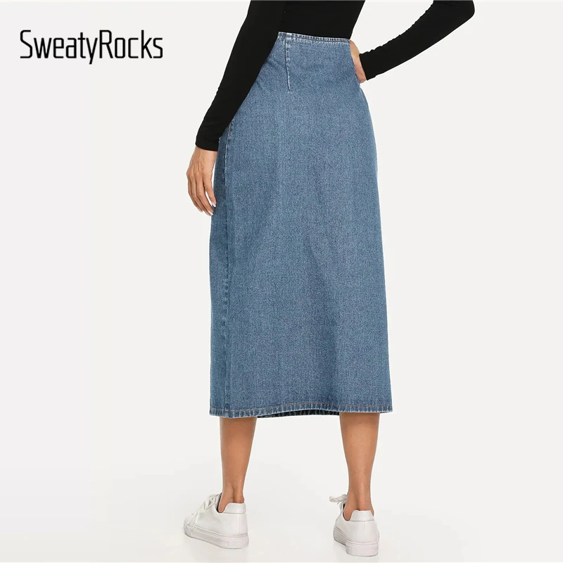 SweatyRocks, Джинсовая юбка с разрезом спереди, на пуговицах, уличная одежда, повседневные модные прямые однотонные юбки, весна, женские синие миди юбки