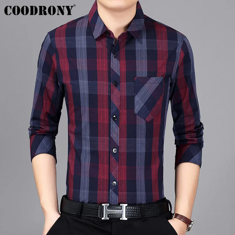 Красный COODRONY Мужская рубашка, осенняя рубашка с длинным рукавом, Мужская Уличная одежда с карманом, повседневные рубашки, Классическая клетчатая хлопковая рубашка Camisa Masculina 96018 - Цвет: Красный