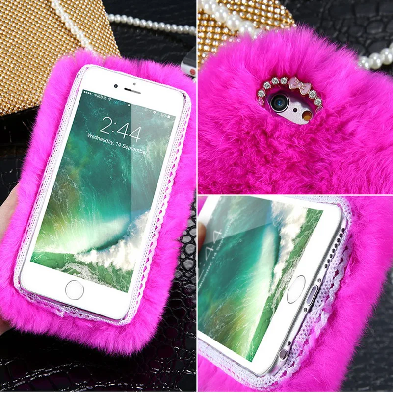 Мех животных чехол для iphone 8 плюс 7 6 S 5S SE x зима теплая кролика волосы пушистые