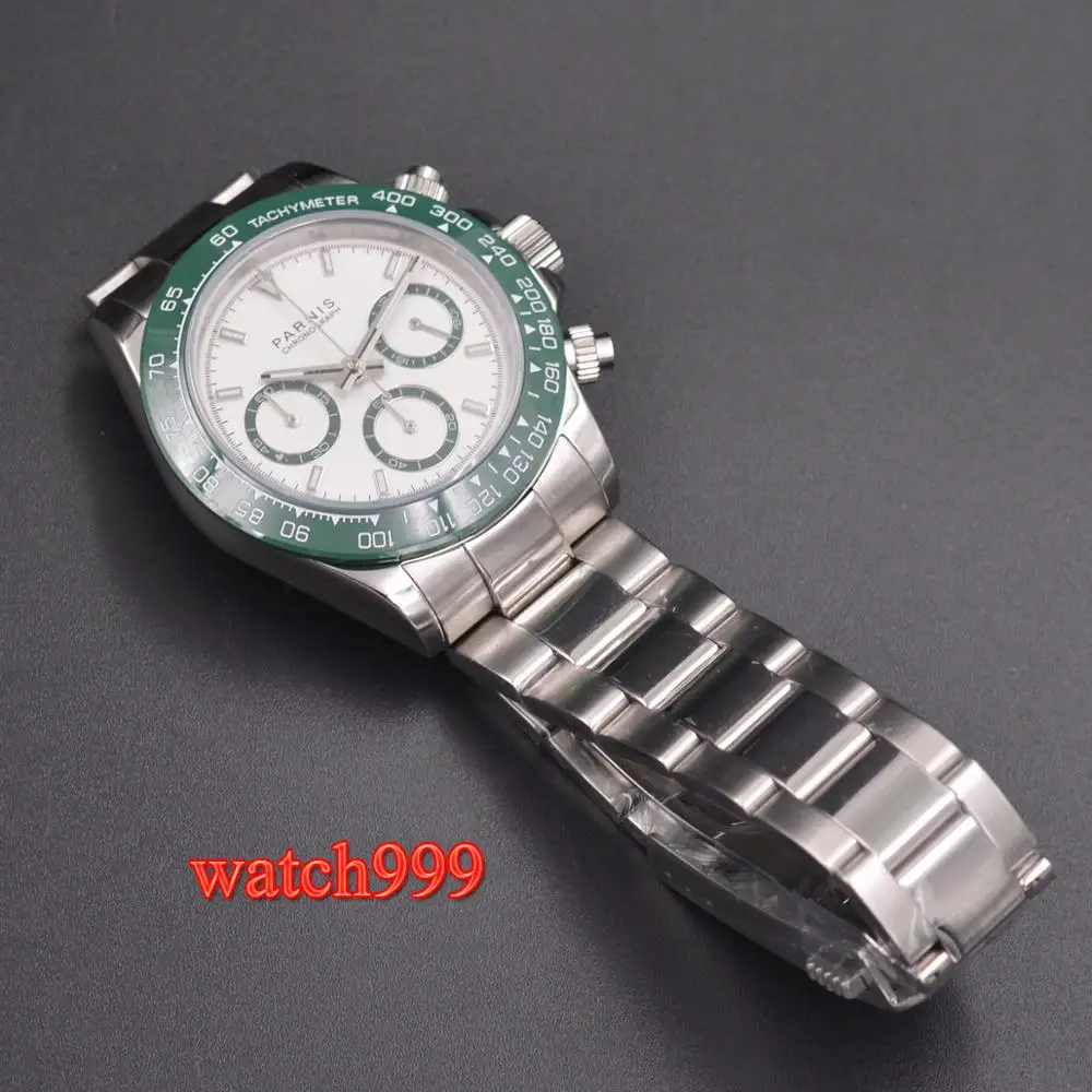 39 мм PARNIS белый циферблат сапфировое стекло сплошной Полный Хронограф Мужские