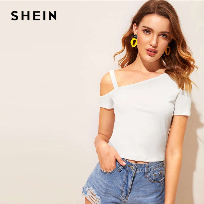 SHEIN, асимметричный однотонный топ с вырезом,, белая женская одежда с открытыми плечами, летняя футболка с коротким рукавом, облегающая футболка