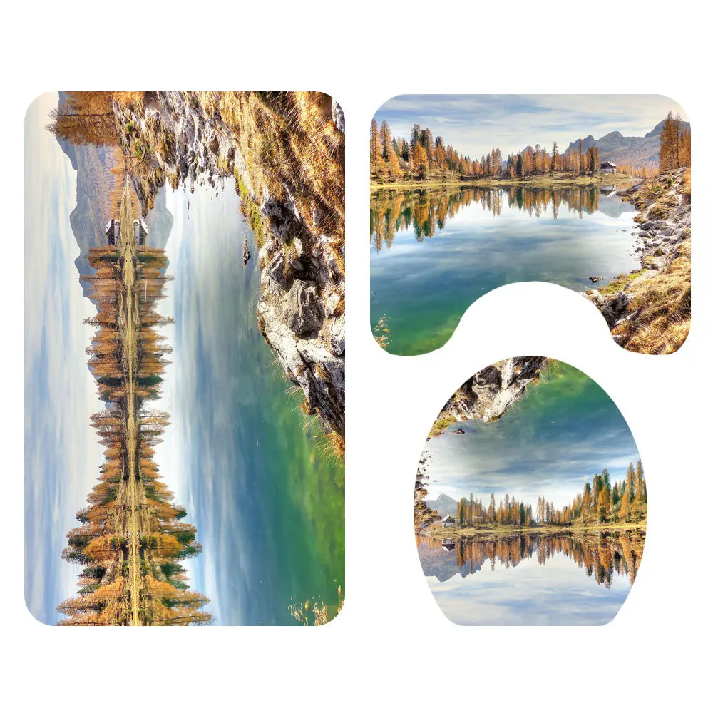 

Landscape 4pcs/set Shower Curtain Pedestal Rug Lid Toilet Cover Mat Bath Mat Set Bathroom Curtains with 12 Hooks