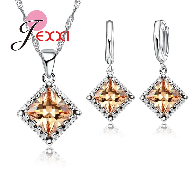 Top Quality 925 Sterling Silver Jewelry Set Classic Square Clear Cubic Zirconia Necklace Earrings for Women Wedding | Украшения и