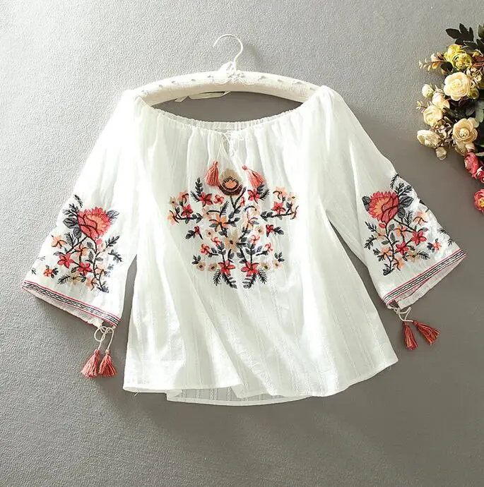 Women's Spring summer slash neck flare Sleeve embroidery cotton Shirt Female Vintage National Loose Casual Shirt Blouse TB1354