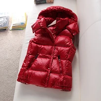 Red Зимний жилет, пуховик для девочек, новинка года, белое, утиное перо, без рукавов, с капюшоном, двубортный светильник, тонкое пальто для женщин HJ169 - Цвет: Red