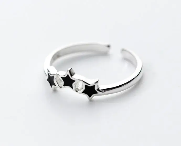 1 мм REAL.925 стерлингового серебра Fine Jewelry черная эмаль 3-звезды Открытое кольцо GTLJ1357