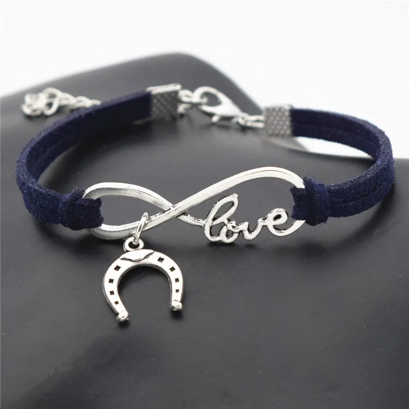 

2018 Europe and America Popular Women's Valentine's Day LOVE Infinity Jewelry Cute Horseshoe Horse Hoof Charms Leather Bracelets