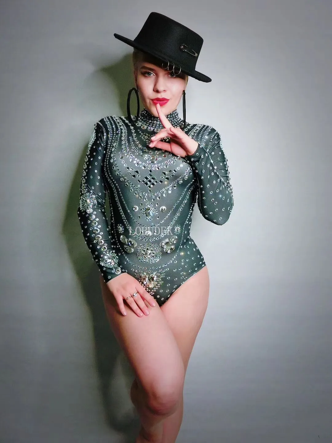 Women Dancer Team Jazz Pole Dancing Stage Wear Sexy Elastic Long Sleeve Rhinestones Bodysuit Black Tights Bar Nightclub Costume