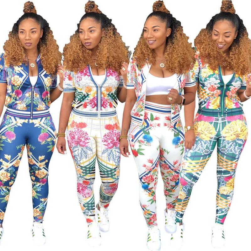 U-SWEAR Summer Tracksuit Women Two Piece Set Floral Short Sleeve Top Long Pant Sweatshirt Female Clothes Sportswear | Женская одежда