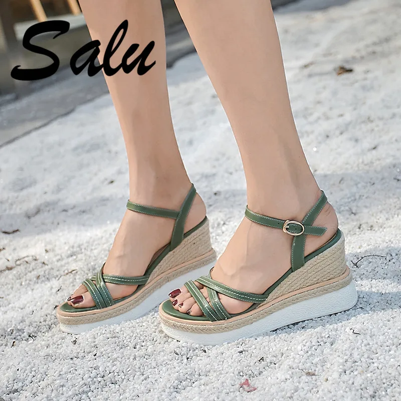 

Salu 2020 Women Sandals Summer Wedge Sandals Genuine Leather Wedding Sandals Buckle Shoes Fashion Shoes Woman