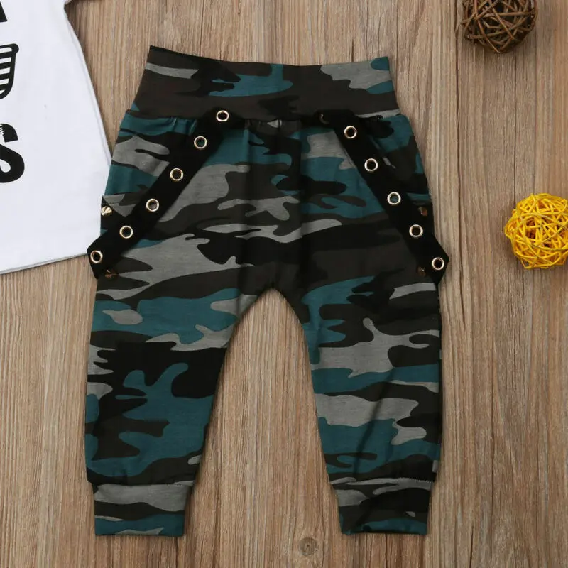 

2pcs Infant Toddler Newborn Baby Boy Letter T-shirt Tops Camouflage Long Pants Baby Boy Summer Casual Clothes Set 0-3Y