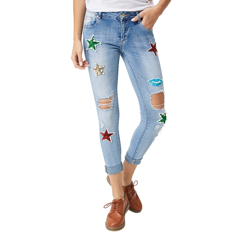 Женские джинсы 2018 узкие модные рваные женские с дырками вышитые цветные