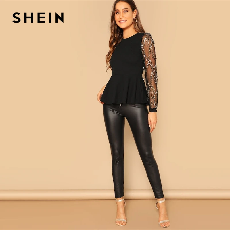 SHEIN Топ С Блестящим Сетчатым Рукавом Женские Блузки С Длинным Рукавом