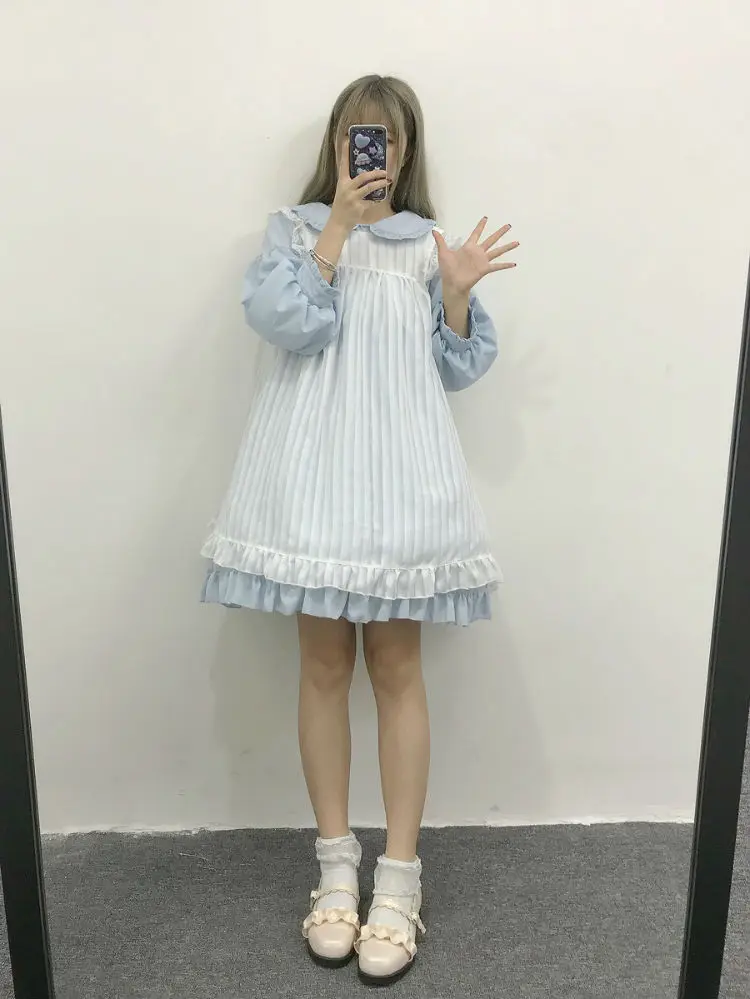 Женское платье в японском стиле Kawaii в стиле Лолиты; однотонные розовые и синие платья; милая втулка в стиле Лолиты для девочек; воротник-кукла с фартуком; юбка дворец