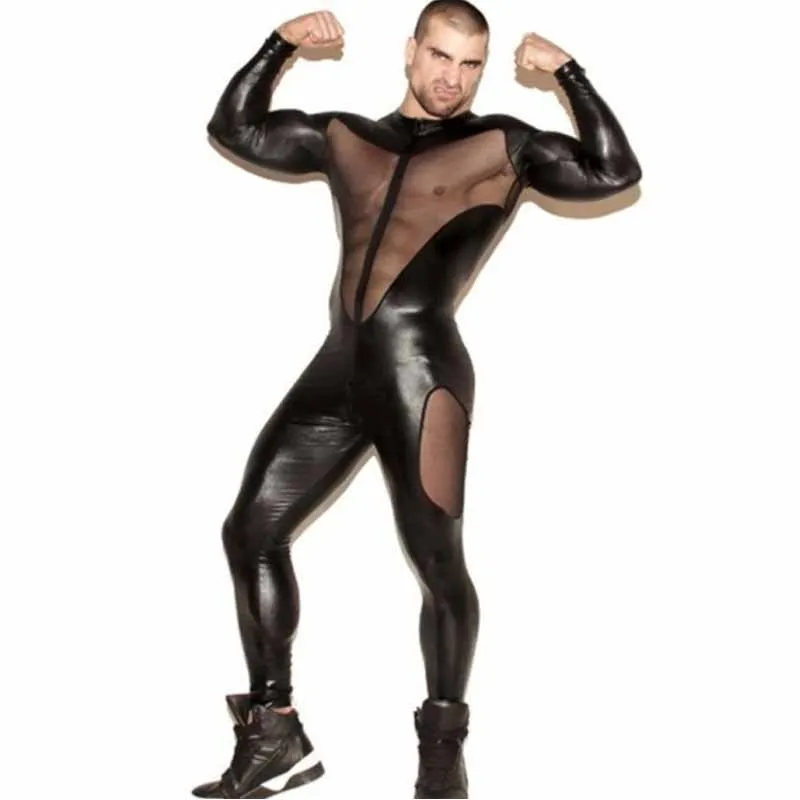 Плюс размер мужской комбинезон Черный лакированный кожаный прозрачный сетчатый комбинезон сексуальный с длинным рукавом, на молнии ночной клуб полюс танец Bodycon комбинезон