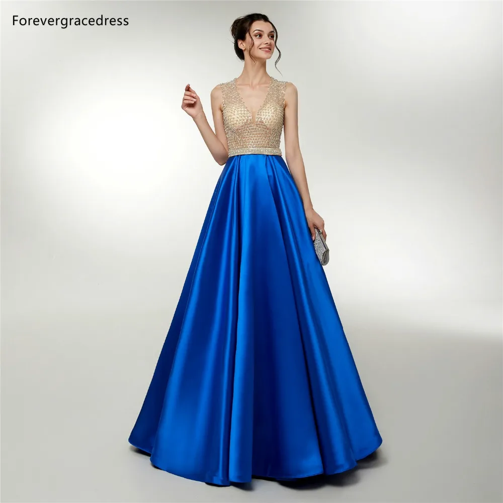 Женское атласное платье с v образным вырезом Forevergracedress голубое для выпускного