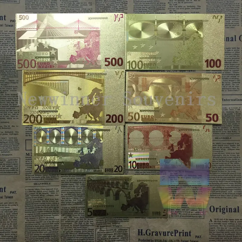 7 шт./компл. различных дизайнов евро позолоченная Фольга для банкнот 5 10 20 50 100 200 500