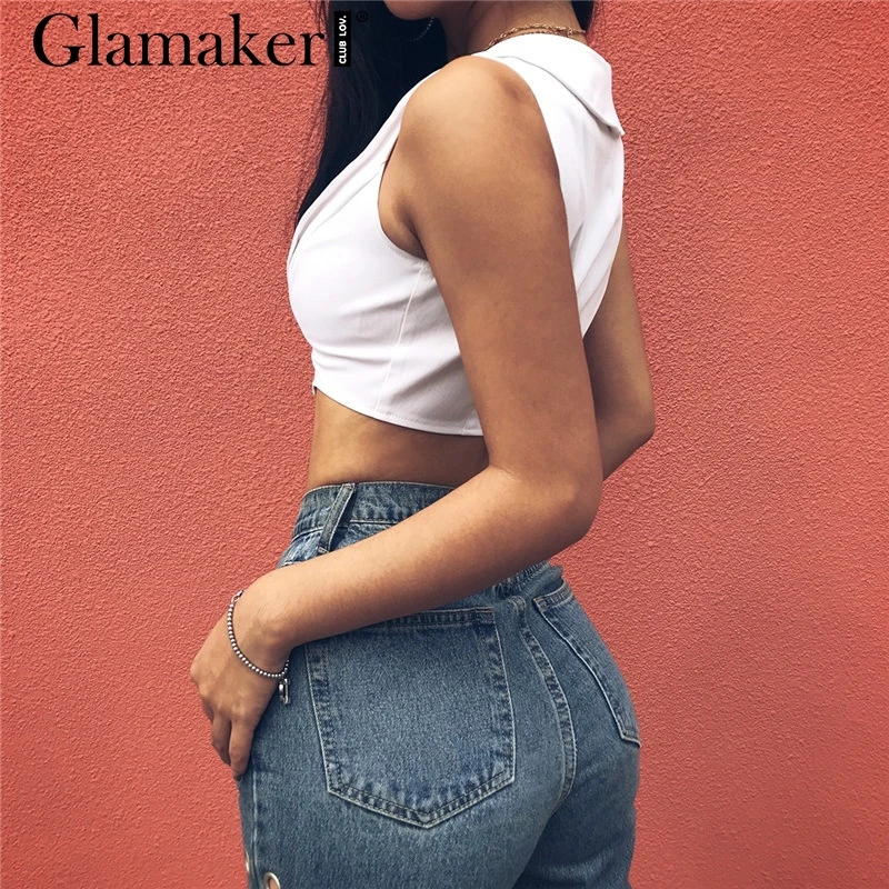 Glamaker Sexy v neck summer white crop top Women elegant sleeveless short tank camisole Female party club cropped blouse | Женская