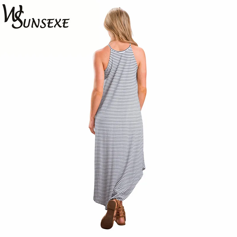 2017 женские летние макси платье Бохо длинное Повседневное без рукавов в полоску