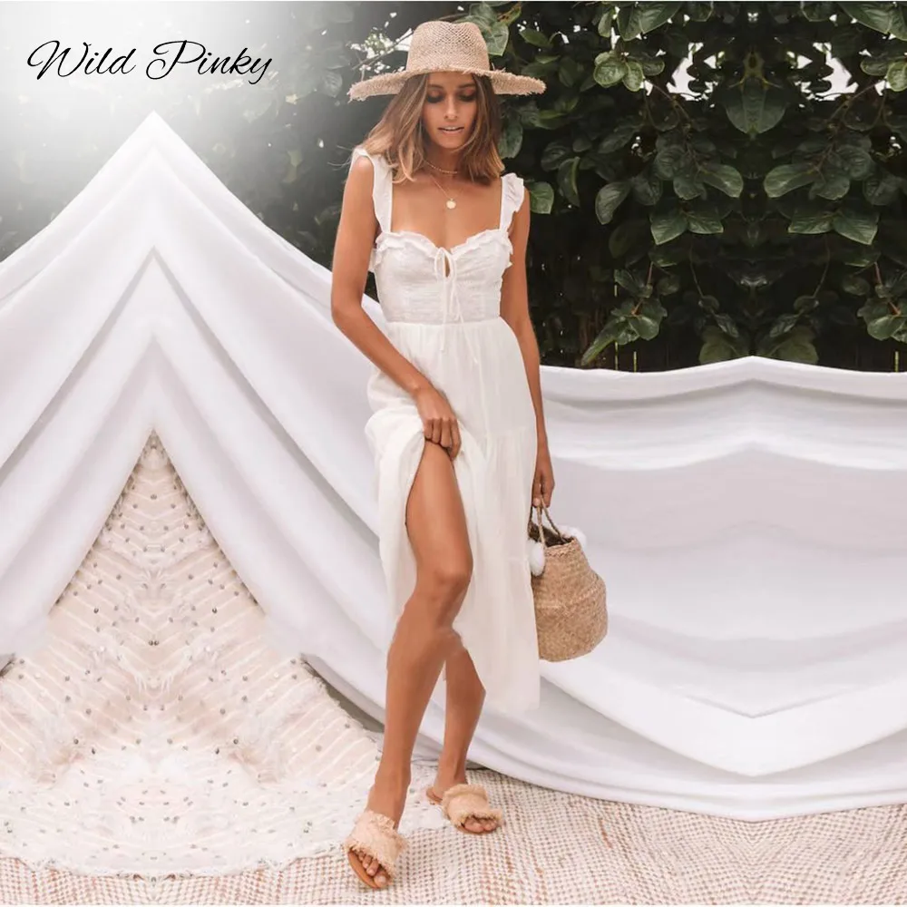 WildPinky Boho женское платье без бретелек сексуальное длинное кружевное с вышивкой