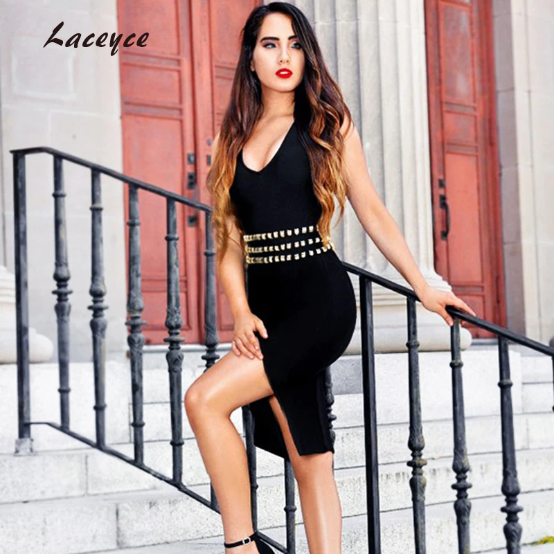 Laceyce 2018 летняя Женская Bodycon платье золото Бисер Королевский Платья для женщин