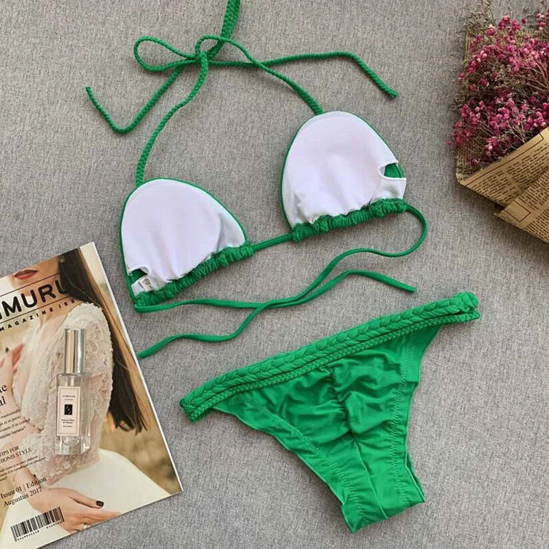 2019 High Quality Braided swimwear Two Piece Solid Color Thong Sexy Women Swimsuit |