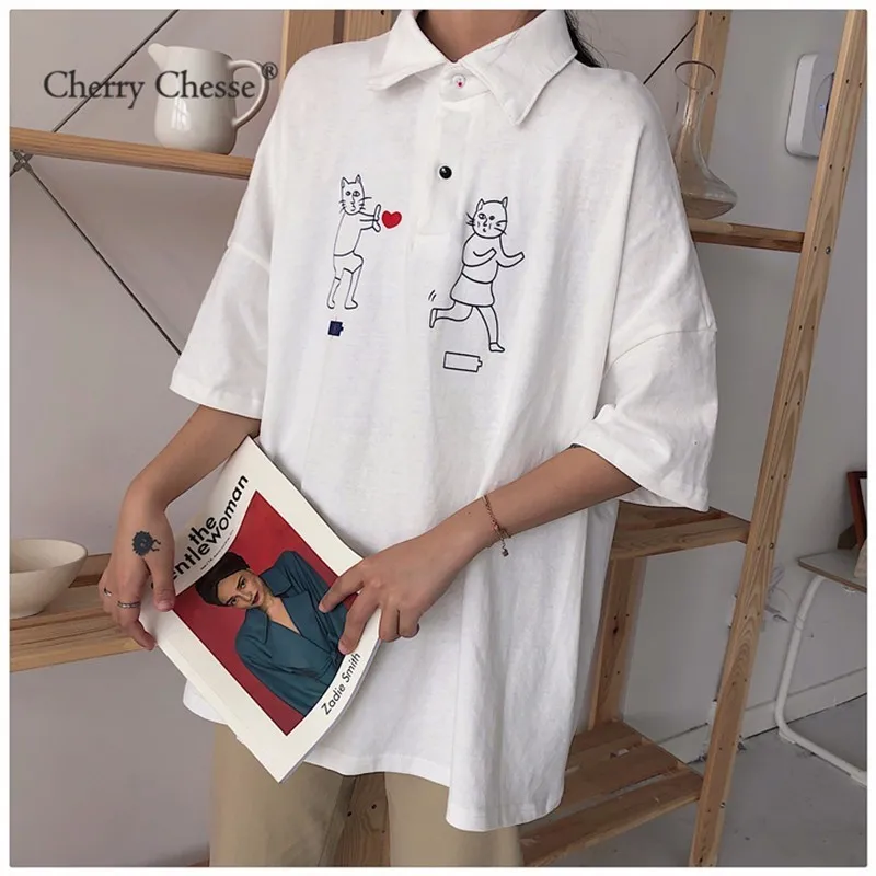 Cherry Chesse Harajuku мультфильм футболка короткий рукав отложной воротник Для женщин
