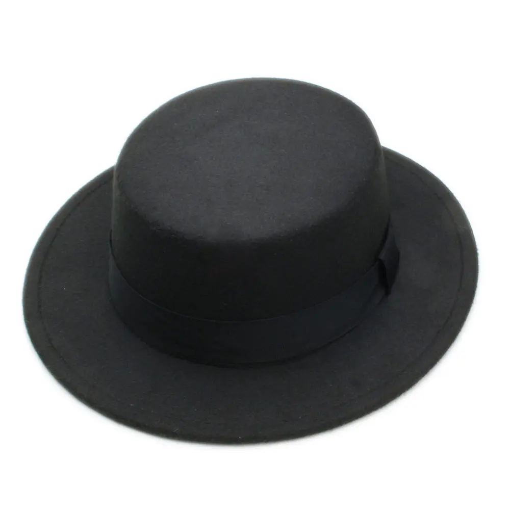 LUCKYLIANJI Vintage Retro Lady Men Women Elegant Wool Felt Flat Dome Oval Top Bowler Porkpie Pork Pie Hat(One Size: 57cm 7 1/8