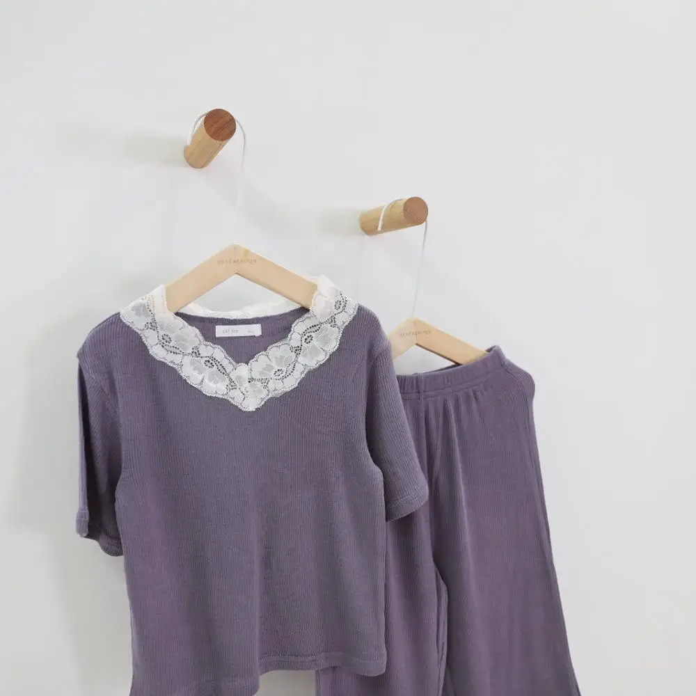 Dark Purple Пижамы для девочек, летние пижамы в рубчик, детские пижамы для девочек, детская одежда для сна, одежда для сна для малышей, модальный топ+ штаны, от 18 месяцев до 11 лет - Цвет: Dark Purple