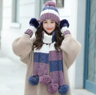 Purple 3 piece suit Теплый комплект из 3 предметов зимние шапки шарф перчатки для женщин девочек толстый хлопок зимние аксессуары Головные уборы наборы женские шапочки шарф перчатки - Цвет: Purple 3 piece suit