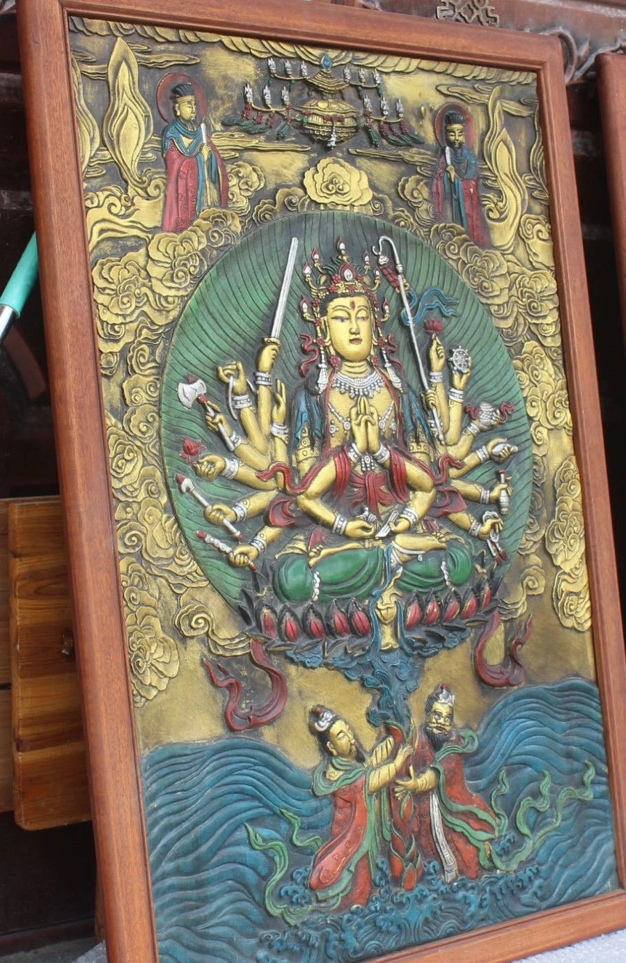 110 см тибетская деревянная бронзовая картина 1000 Arms Avalokiteshvara богиня Будда тангка