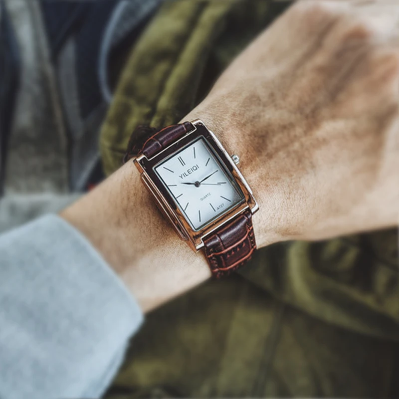 Классические ретро прямоугольные часы для мужчин модные кожаные кварцевые
