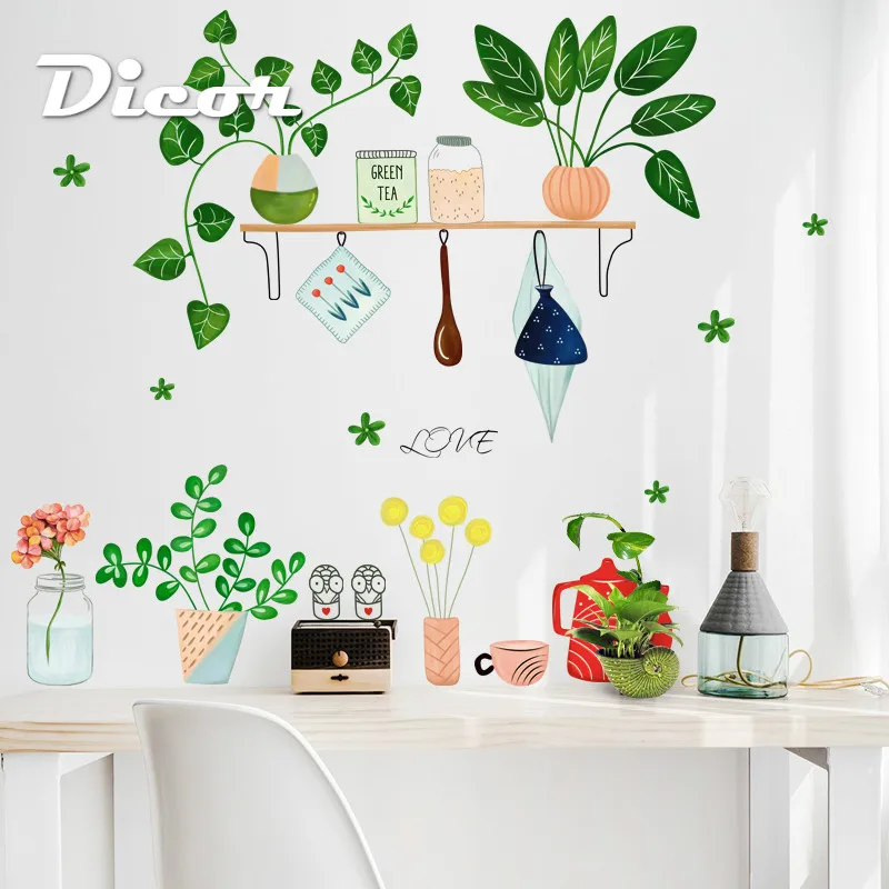 DICOR DIY креативные зеленые горшечные растения рисунок Наклейка на стену Декор для
