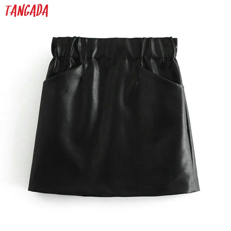 Tangada кожаная юбка черная юбка мини юбка из кожи модная юбка стильная юбка юбка на резинке эластичный пояс юбка с завышенной талией 6A69