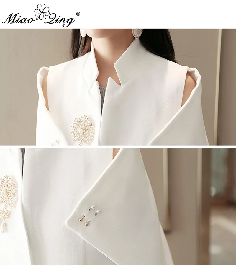 MIAOQING Autumn Designer Women Beadinged Diamond Cape Blazer Sexy Black White Ruched Coats Cape Office Wear cloak Clothes