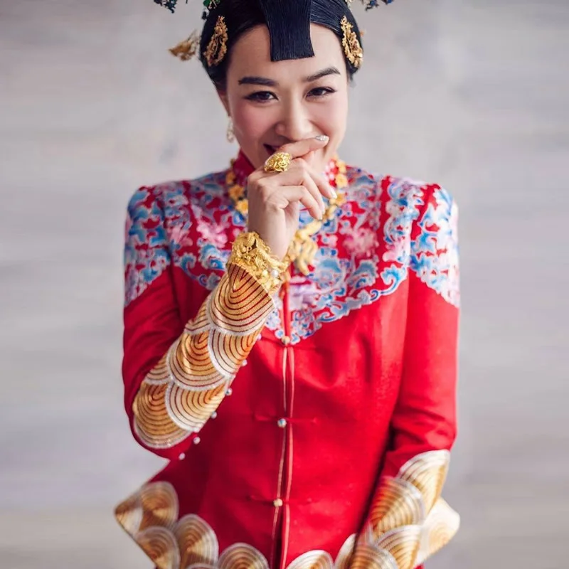 Традиционное китайское свадебное платье Qipao одежда с вышивкой дракона и феникса