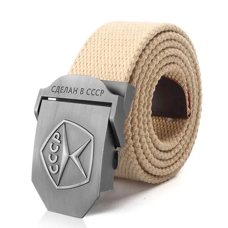 Khaki BOKADIAO мужской и женский холщовый ремень винтажный 3D CCCP советская вывеска металлический пояс с пряжкой для джинсов армейские военные тактические ремни Мужской ремень черный - Цвет: Khaki