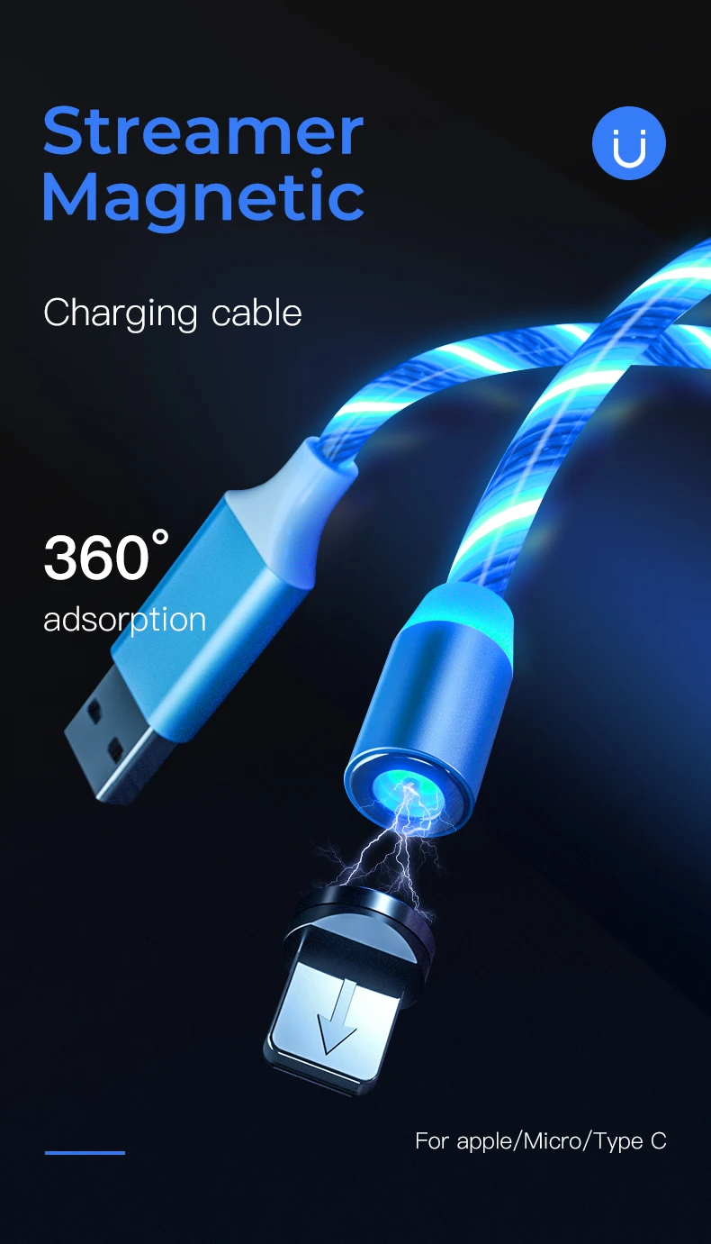 1 м светящееся освещение Магнитный usb-кабель для iPhone XR X 7 8 Micro type C зарядное устройство Быстрая зарядка магнит зарядка USB-C type-C