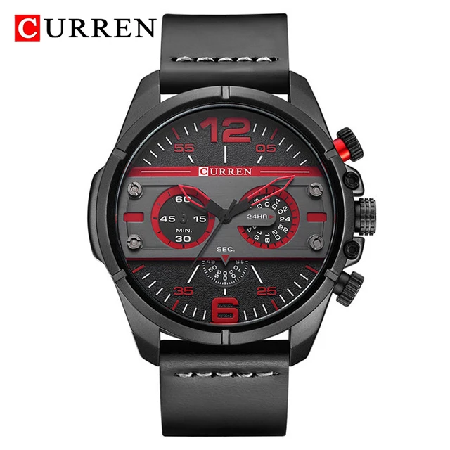 Black Red Мужские часы CURREN с кожаным ремешком, роскошные брендовые военные часы с хронографом, мужские спортивные водонепроницаемые кварцевые наручные часы, мужские часы - Цвет: Black Red