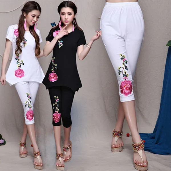 Этнические Брюки 2015 летние модные женские эластичные узкие брюки с цветочной