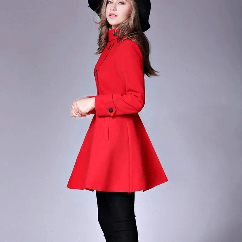 Женское шерстяное пальто повседневное длинное двубортное черного красного