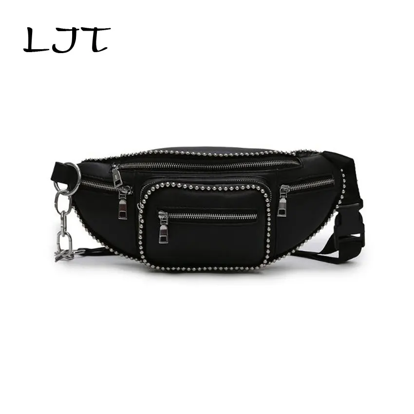 LJT Luxury Design Women PU Leather Waist Bag Female Rivet Casual Fanny Packs Belt Bag Handbag and Purse Female Mini Chest Bags