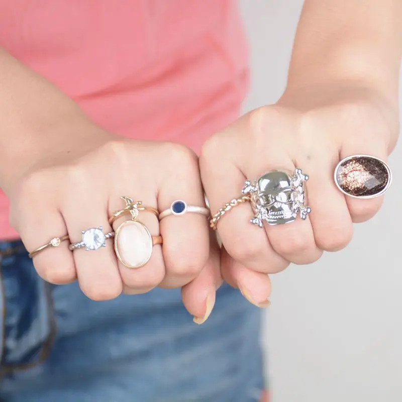 8Pcs/Set Women Ring Punk Style Gold color Alloy Jewelry Crystal Rings Skull Eagle Bague Femme Anelli Donna | Украшения и