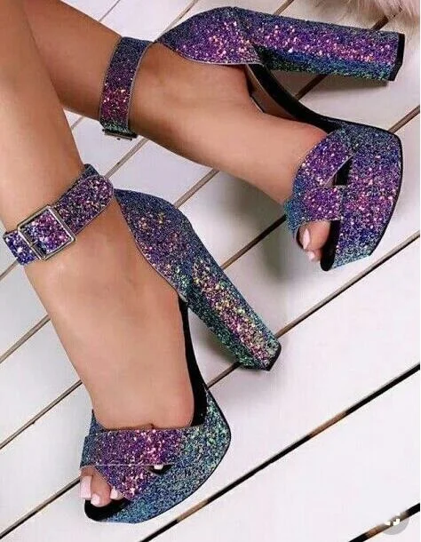 Sexy Black Sparkle Platform Heels Women Square Sandals Cut-out Peep Toe Ankle Strap Glitter Wedding Shoes Bride Plus Size | Обувь