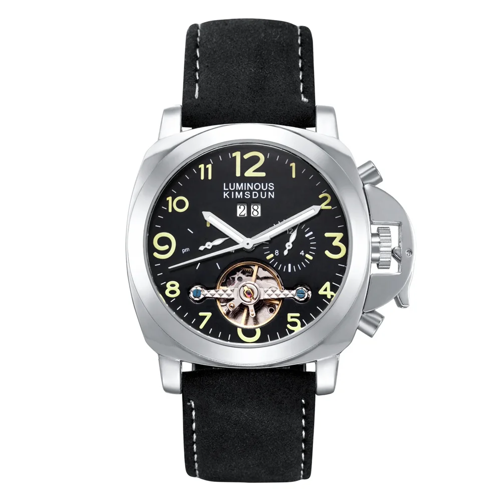 black silver green Люксовый бренд Tourbillon автоматические механические часы для мужчин водонепроницаемые кожаные деловые часы мужские часы montre homme reloj hombre - Цвет: black silver green