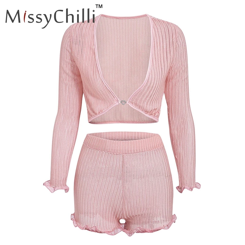 Женский короткий комбинезон с рюшами MissyChilli элегантный розовый V образным